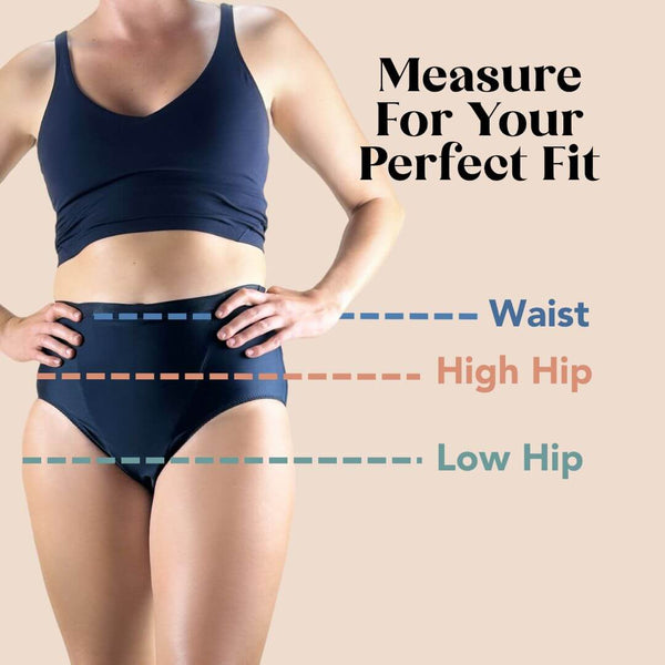 Guide showing how to measure your waist, high hip, and low hip for your perfect fit for Hem Support Wear's pelvic floor support garments