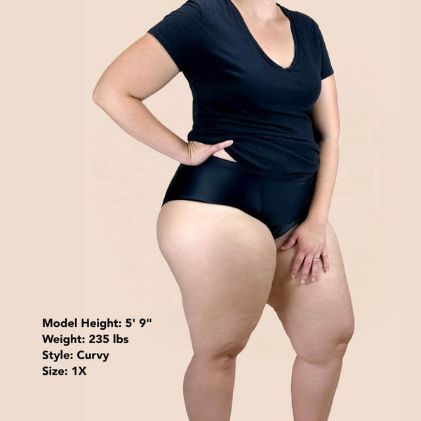 Model wears the pelvic floor support underwear from Hem Support Wear. Model is 5'9", 235 lbs, and wearing a Curvy 1X