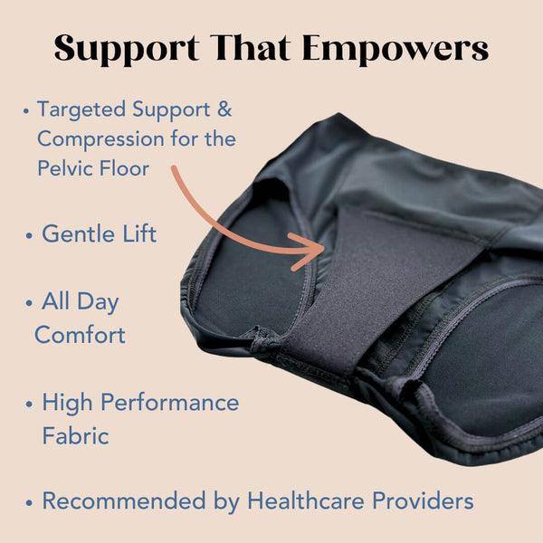 A detailed shot showing the interior of a pelvic floor support garment from Hem Support Wear. The page reads "Support that Empowers" the lists the following features: Targeted Support & Compression for the Pelvic Floor, Gentle Lift, All Day Comfort, High Performance Fabric, Recommended by Healthcare Providers